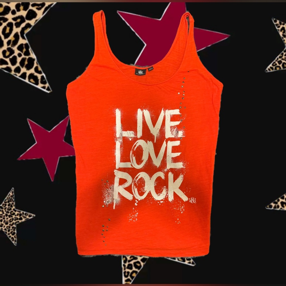 Vibrant Red Rock & Republic Live, Love, Rock Tank with Studded Embellishments